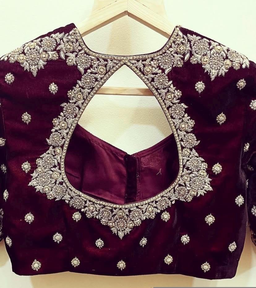 pure velvet hand embroidery blouse/neck maggam blouse/brown zardosi blouse/velvet hand embroidered blouse/burgundy velvet ready made blouse