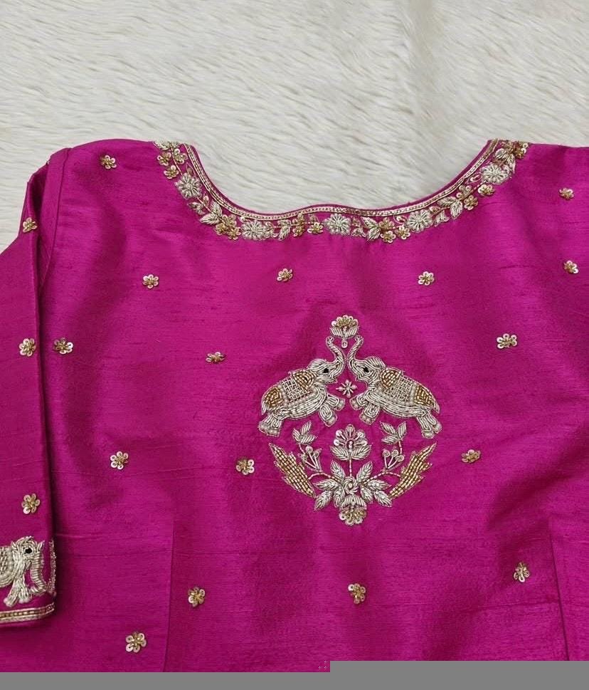 Hand Embroidered Zardosi Silk Blouse: Pink Maggam Work,hand work blouse, 42 size blouse, pink mix and match blouse, pink saree blouse USA