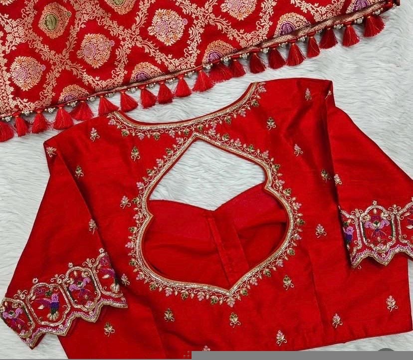 Hand Embroidered Pure Silk Bridal Blouse: Red Zardosi Maggam Work,red handwork blouse,mix and match blouse,plus size blouse,wedding blouse