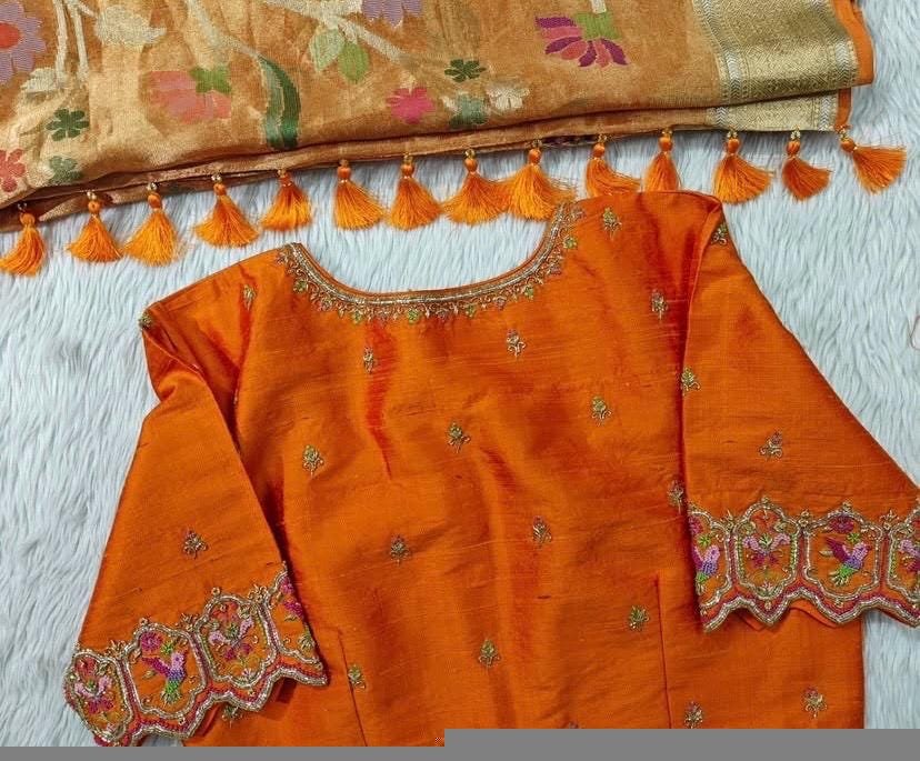 Orange silk hand embroidery blouse/orange saree maggam blouse/orange saree blouse/simplehand embroidered blouse/orange ready made blouse zar