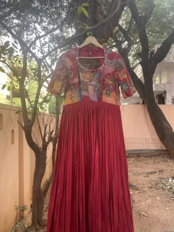 Hand-Painted Kalamkari Anarkali Dress with Dupatta: maroon Silk Embroidered Gown,Kalamkari Anarkali,red Kalamkari dress,hand embroidery