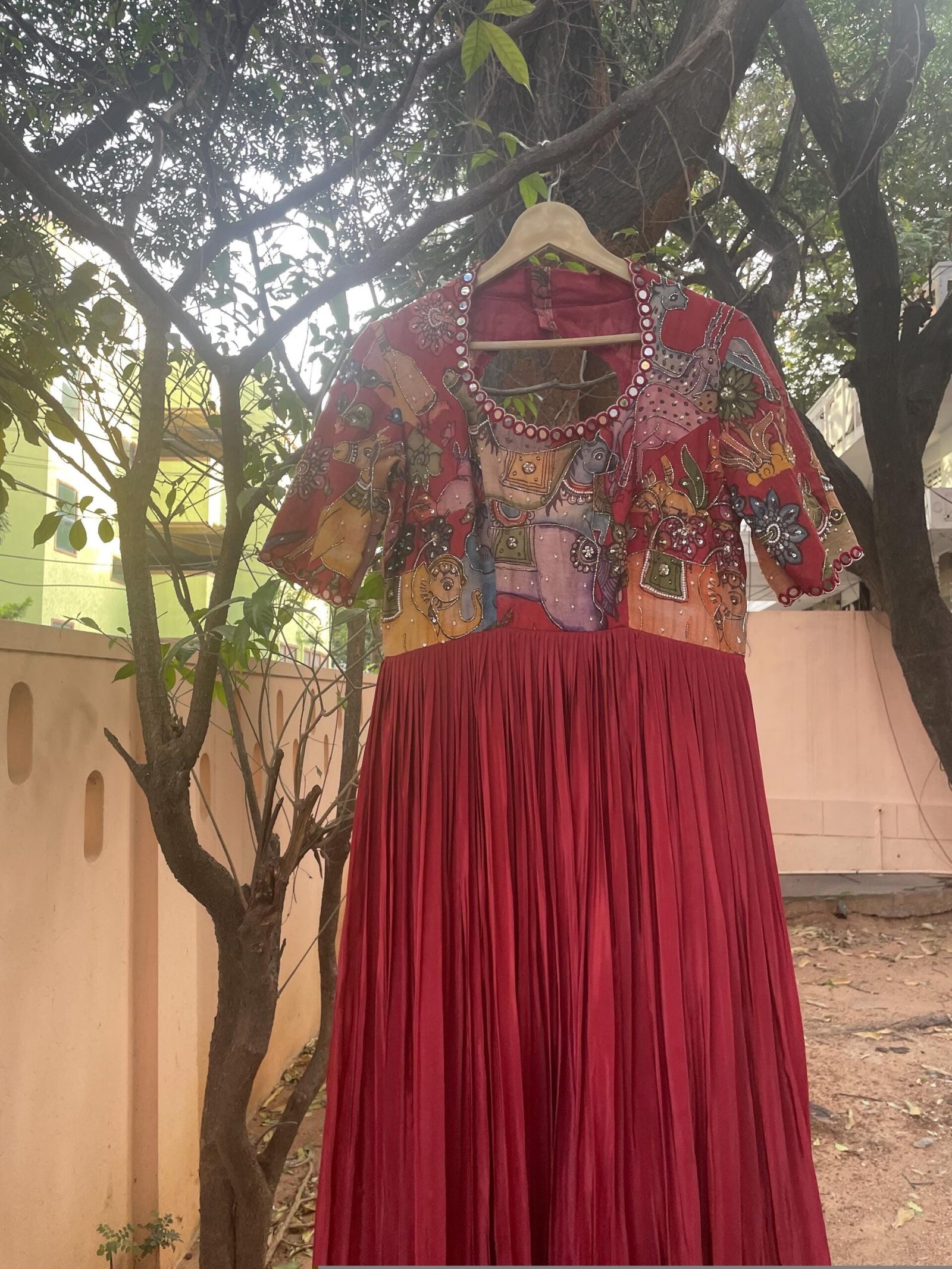 Hand-Painted Kalamkari Anarkali Dress with Dupatta: maroon Silk Embroidered Gown,Kalamkari Anarkali,red Kalamkari dress,hand embroidery usa