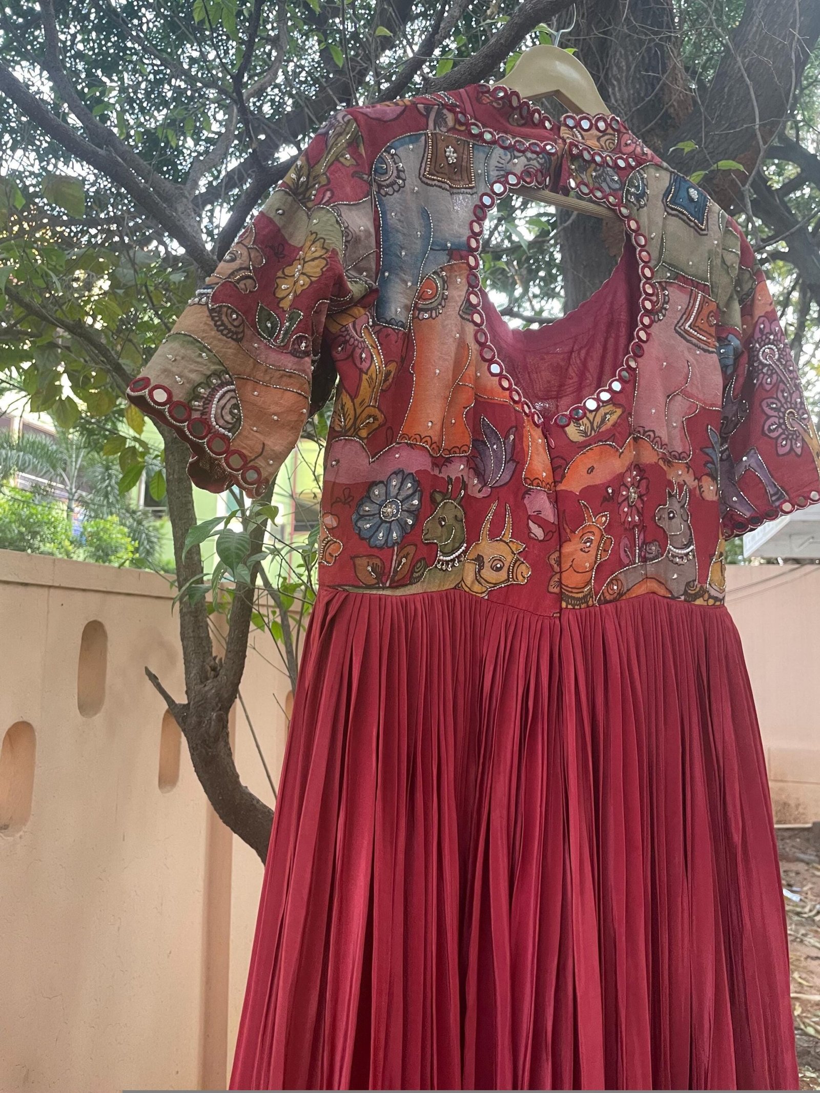 Hand-Painted Kalamkari Anarkali Dress with Dupatta: maroon Silk Embroidered Gown,Kalamkari Anarkali,red Kalamkari dress,hand embroidery usa