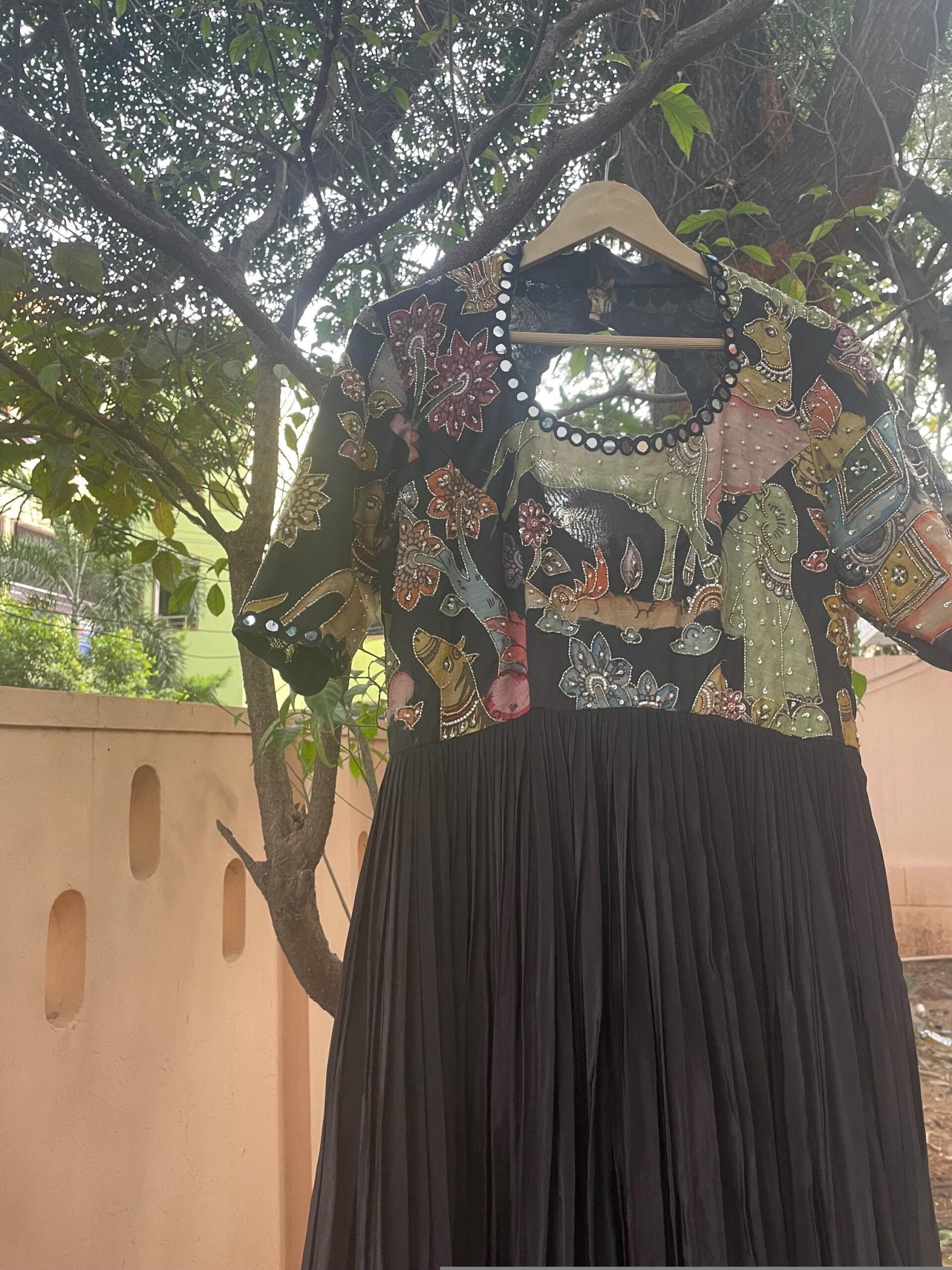 Hand-Painted Kalamkari Anarkali Dress with Dupatta: black Silk Embroidered Gown,Kalamkari Anarkali,black Kalamkari dress,hand embroidery usa