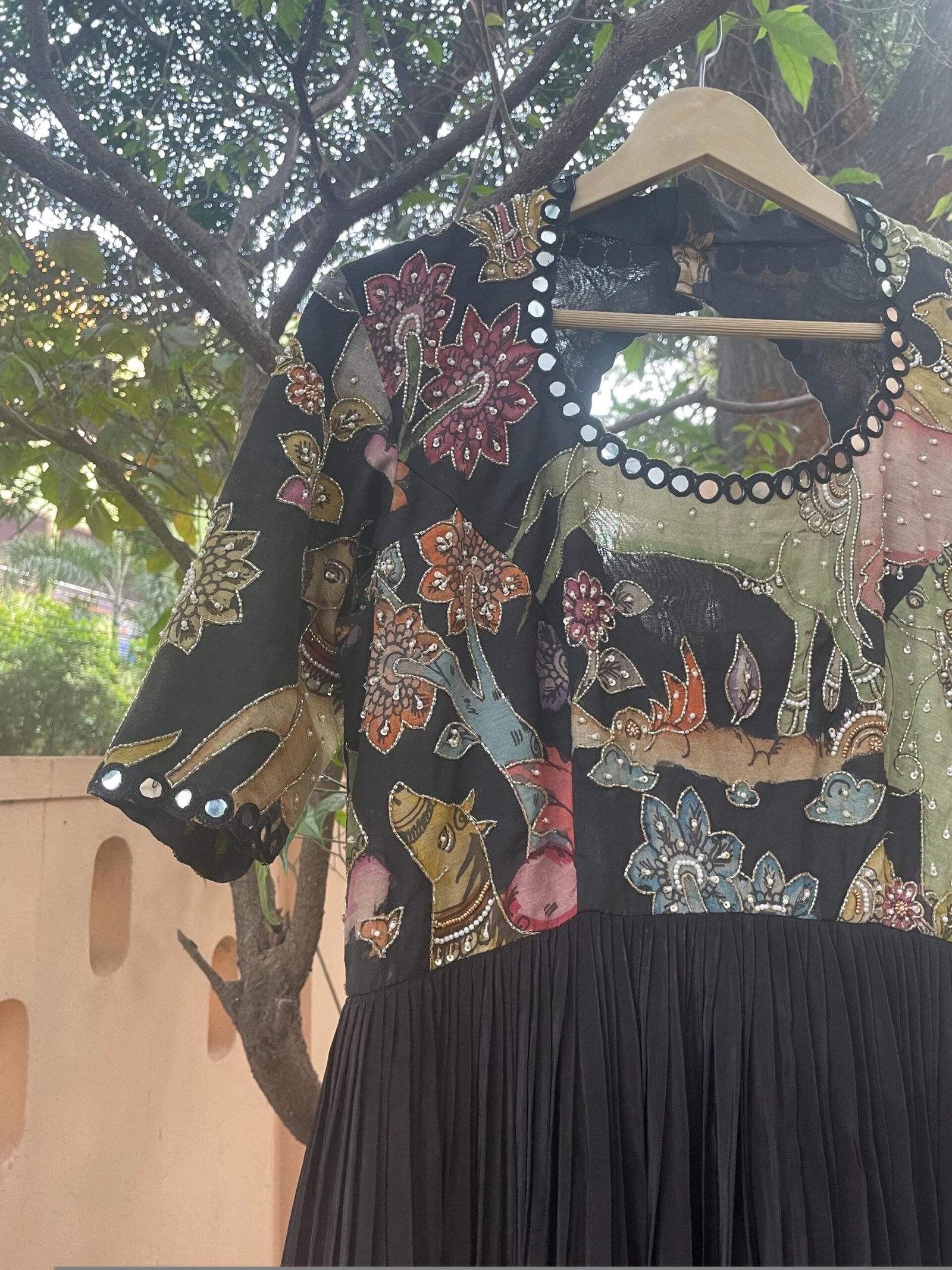 Hand-Painted Kalamkari Anarkali Dress with Dupatta: black Silk Embroidered Gown,Kalamkari Anarkali,black Kalamkari dress,hand embroidery usa