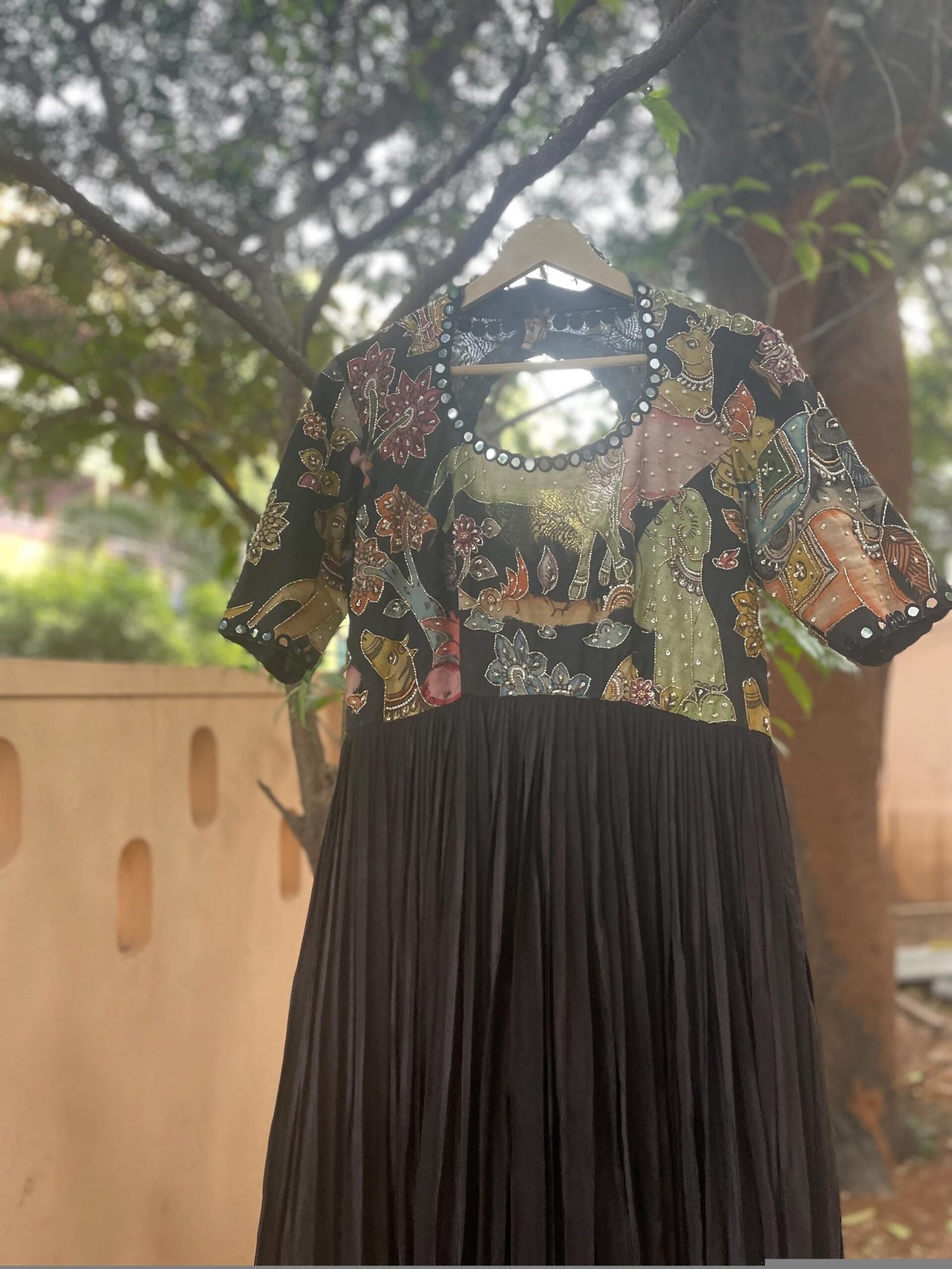Hand-Painted Kalamkari Anarkali Dress with Dupatta: black Silk Embroidered Gown,Kalamkari Anarkali,black Kalamkari dress,hand embroidery usa