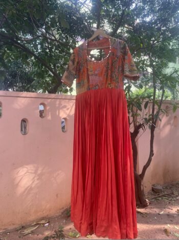 Hand-Painted Kalamkari Anarkali Dress with Dupatta: Orange Silk Embroidered Gown,Kalamkari dress,orange hand painted Kalamkari Anarkali suit