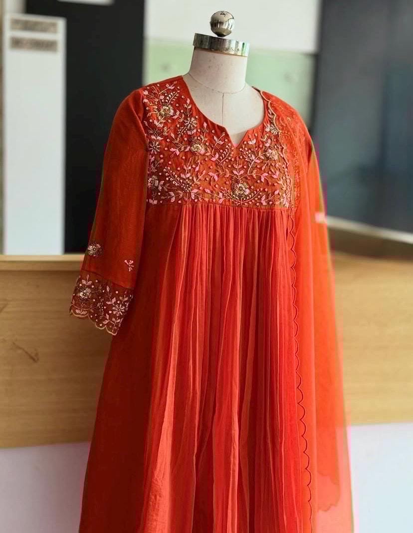Anarkali suit usa/anarkali orange kurta long sleeve/3/4 sleeve anarkali/orange anarkali/heavy hand embroidered anarkali with dupatta set usa