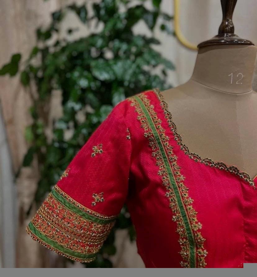 Hand Embroidered Pure Silk Bridal Blouse: Red Zardosi Maggam Work,red green blouse,red maggam blouse,plus size blouse,mix and match blouse