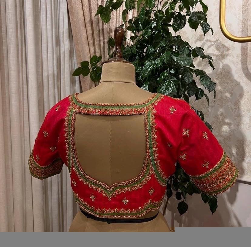 Hand Embroidered Pure Silk Bridal Blouse: Red Zardosi Maggam Work,red green blouse,red maggam blouse,plus size blouse,mix and match blouse