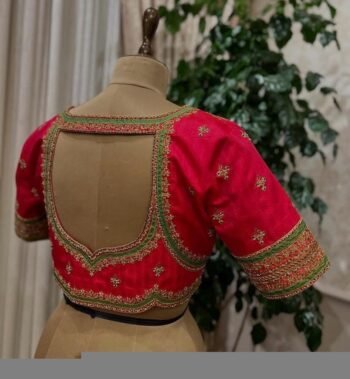 Hand Embroidered Pure Silk Bridal Blouse: Red Zardosi Maggam Work,red green blouse,red maggam blouse,plus size blouse,mix and match blouse