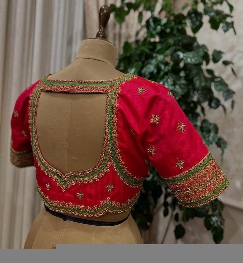 Hand Embroidered Pure Silk Bridal Blouse: Red Zardosi Maggam Work,red green blouse,red maggam blouse,plus size blouse,mix and match blouse