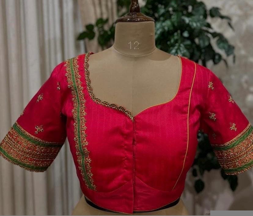 Hand Embroidered Pure Silk Bridal Blouse: Red Zardosi Maggam Work,red green blouse,red maggam blouse,plus size blouse,mix and match blouse