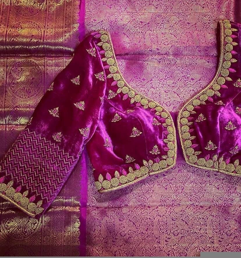 pure velvet hand embroidery blouse /modern saree maggam blouse/pink zardosi blouse / hand embroidered blouse/pink velvet ready made blouse