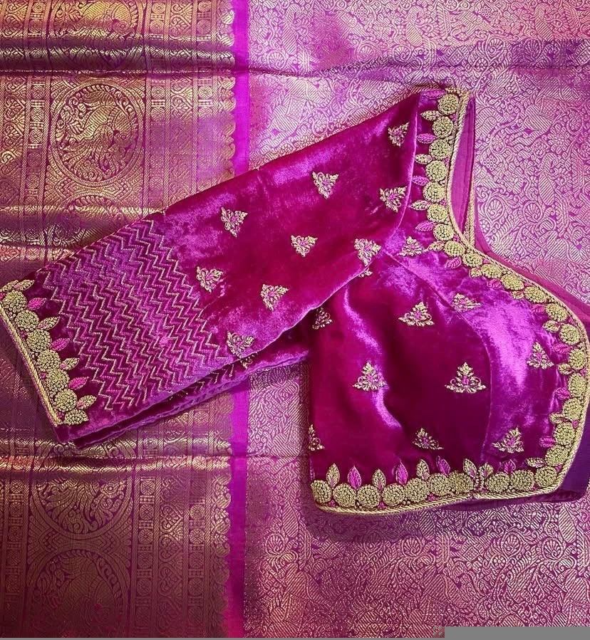 pure velvet hand embroidery blouse /modern saree maggam blouse/pink zardosi blouse / hand embroidered blouse/pink velvet ready made blouse