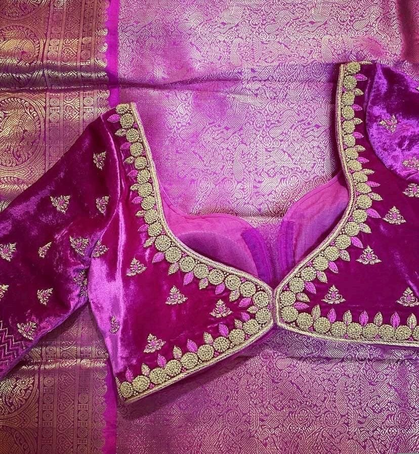 pure velvet hand embroidery blouse /modern saree maggam blouse/pink zardosi blouse / hand embroidered blouse/pink velvet ready made blouse