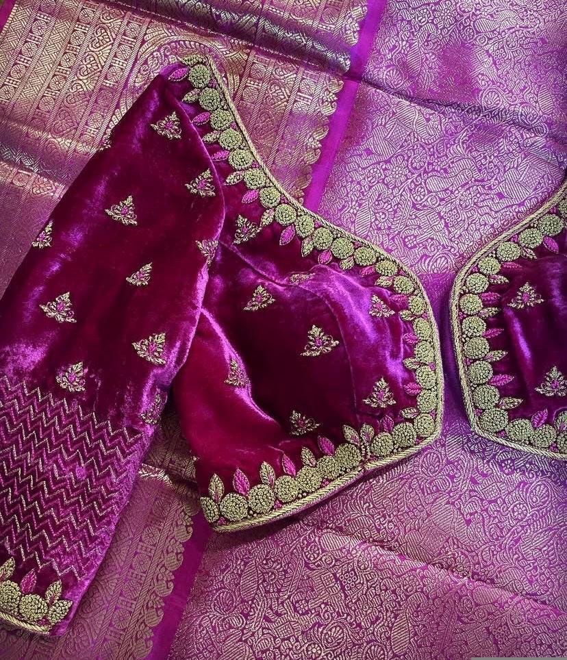 pure velvet hand embroidery blouse /modern saree maggam blouse/pink zardosi blouse / hand embroidered blouse/pink velvet ready made blouse