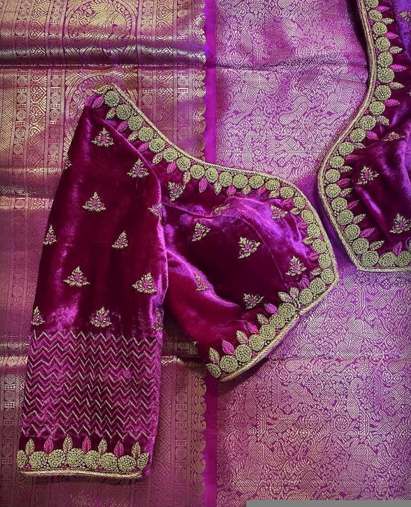 pure velvet hand embroidery blouse /modern saree maggam blouse/pink zardosi blouse / hand embroidered blouse/pink velvet ready made blouse