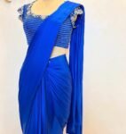Blue silk saree with hand embroidered blouse/blue georgette saree with handwork blouse |cocktail saree/designer saree with maggam blouse us