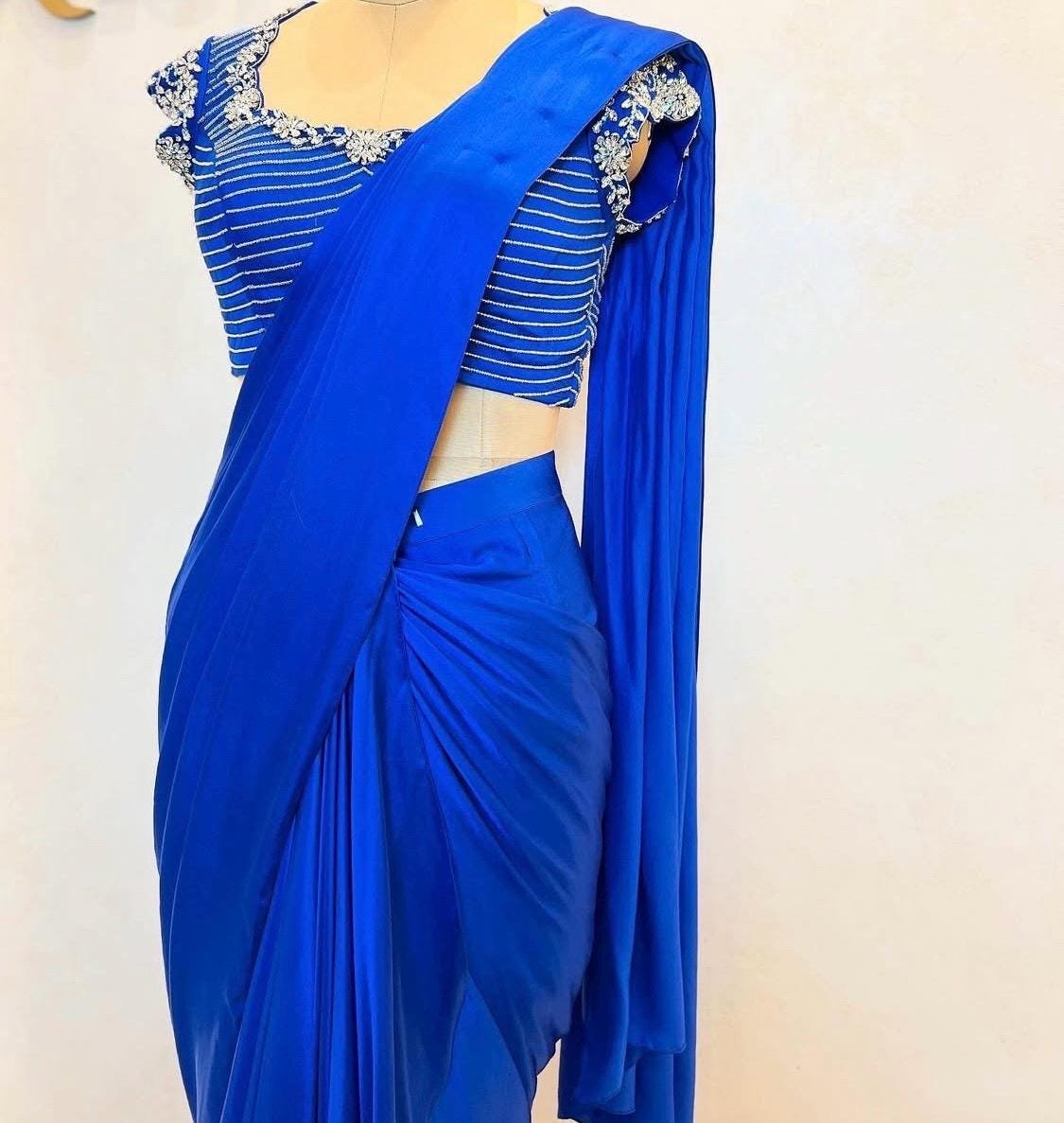 Blue silk saree with hand embroidered blouse/blue georgette saree with handwork blouse |cocktail saree/designer saree with maggam blouse us