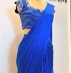 Blue silk saree with hand embroidered blouse/blue georgette saree with handwork blouse |cocktail saree/designer saree with maggam blouse us