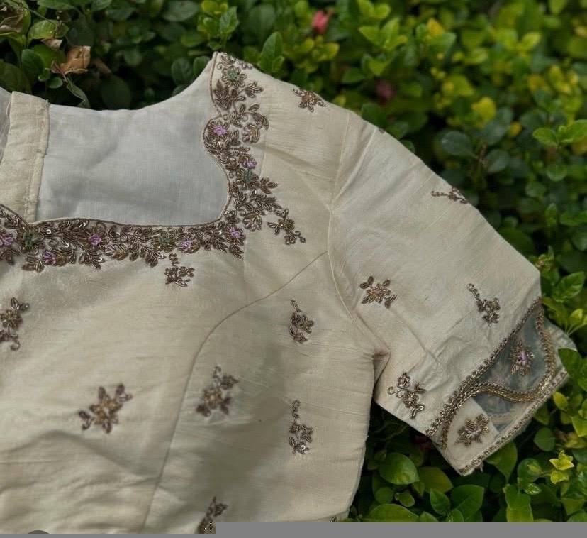 pure silk hand embroidery blouse /modern saree maggam blouse/cream zardosi blouse / hand embroidered blouse/off white ready made blouse