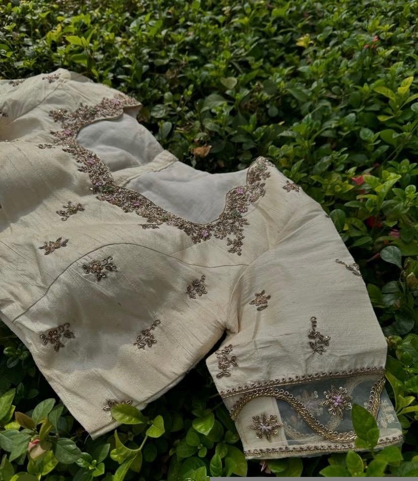 pure silk hand embroidery blouse /modern saree maggam blouse/cream zardosi blouse / hand embroidered blouse/off white ready made blouse