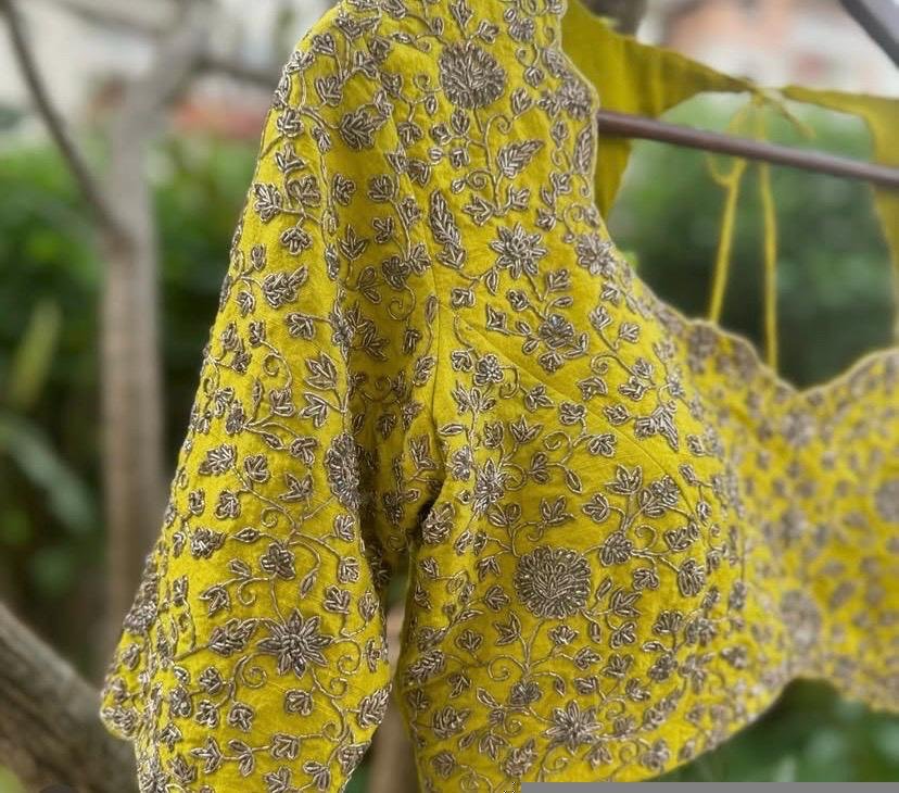 Handmade Pure Silk Bridal Blouse: Yellow Zardosi Embroidery, Maggam Work,heavy bridal blouse,wedding blouse,haldi blouse,yellow maggam blous