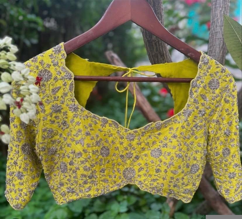 Handmade Pure Silk Bridal Blouse: Yellow Zardosi Embroidery, Maggam Work,heavy bridal blouse,wedding blouse,haldi blouse,yellow maggam blous