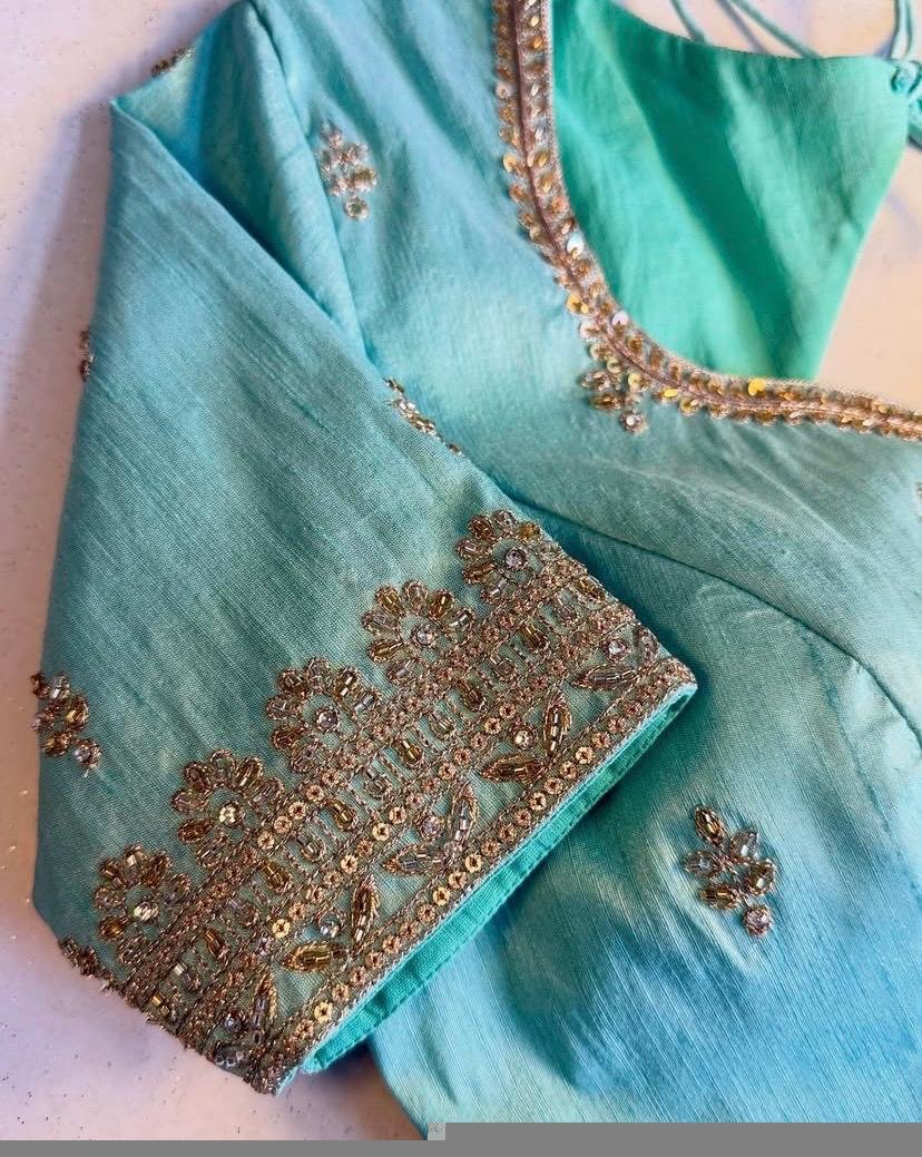 pure silk hand embroidery blouse /maggam blouse/blue raw silk zardosi blouse/hand embroidered blouse/ice blue elbow sleeve ready made blouse