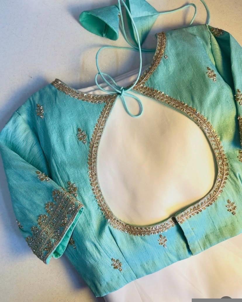pure silk hand embroidery blouse /maggam blouse/blue raw silk zardosi blouse/hand embroidered blouse/ice blue elbow sleeve ready made blouse