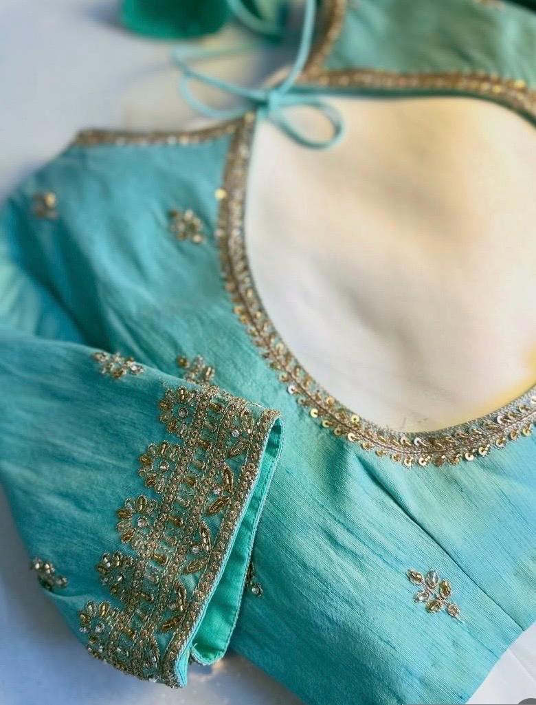pure silk hand embroidery blouse /maggam blouse/blue raw silk zardosi blouse/hand embroidered blouse/ice blue elbow sleeve ready made blouse