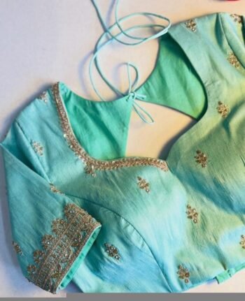 pure silk hand embroidery blouse /maggam blouse/blue raw silk zardosi blouse/hand embroidered blouse/ice blue elbow sleeve ready made blouse