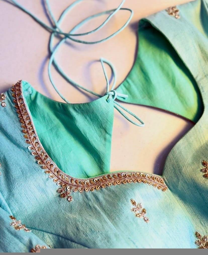pure silk hand embroidery blouse /maggam blouse/blue raw silk zardosi blouse/hand embroidered blouse/ice blue elbow sleeve ready made blouse