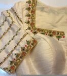 Hand Embroidered Zardosi Silk Blouse: Cream Maggam Work, Elbow Sleeves,cream saree blouse,patola blouse,mix and match blouse,plus size blous