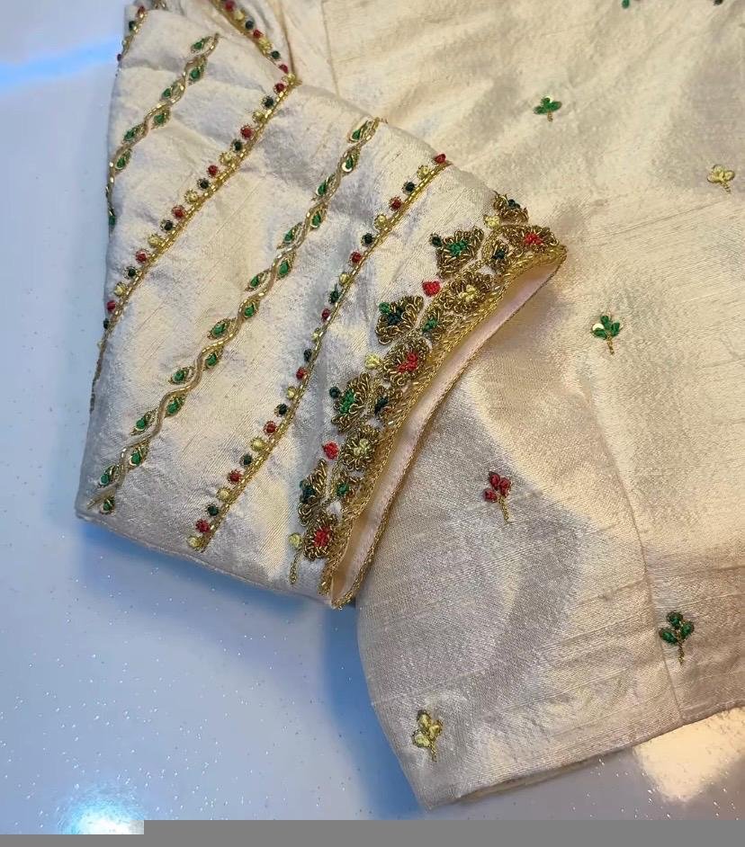 Hand Embroidered Zardosi Silk Blouse: Cream Maggam Work, Elbow Sleeves,cream saree blouse,patola blouse,mix and match blouse,plus size blous