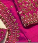 Hand Embroidered Zardosi Silk Blouse: Pink Maggam Work,hand work blouse, 42 size blouse, pink mix and match blouse, pink saree blouse USA