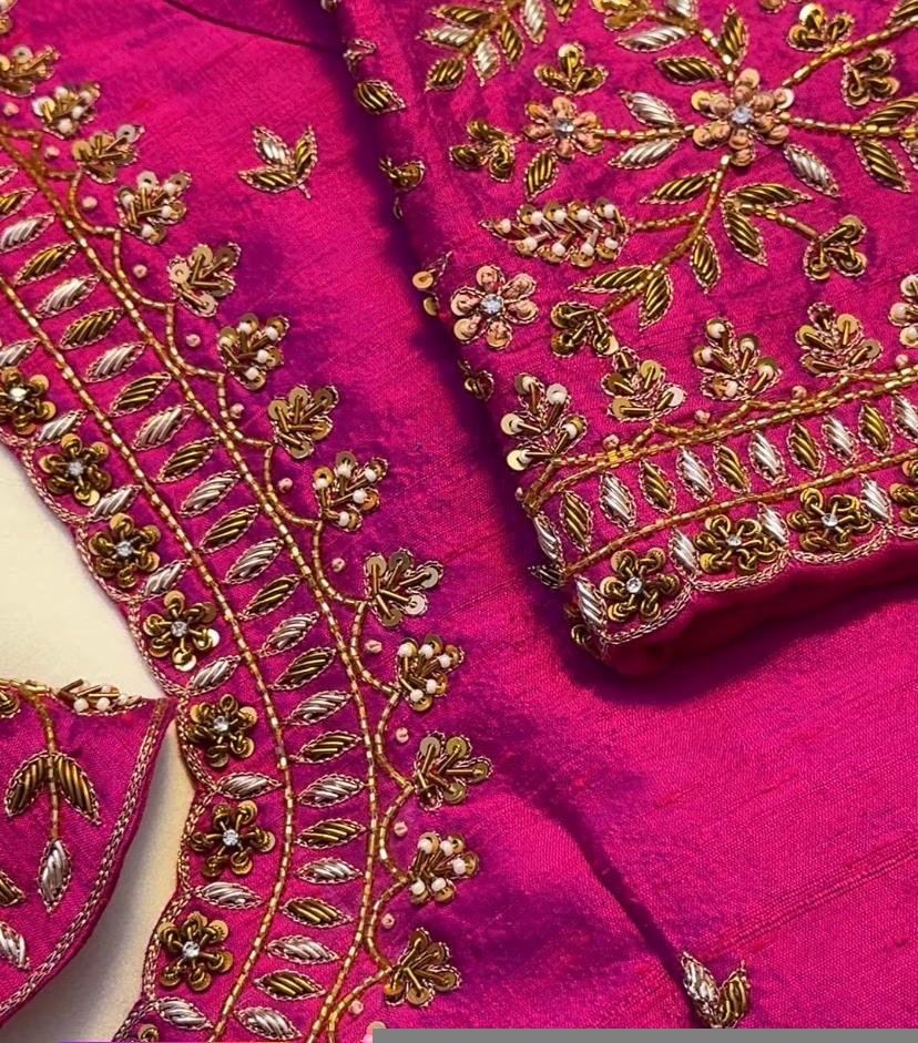 Hand Embroidered Zardosi Silk Blouse: Pink Maggam Work,hand work blouse, 42 size blouse, pink mix and match blouse, pink saree blouse USA