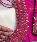 Hand Embroidered Zardosi Silk Blouse: Pink Maggam Work,hand work blouse, 42 size blouse, pink mix and match blouse, pink saree blouse USA