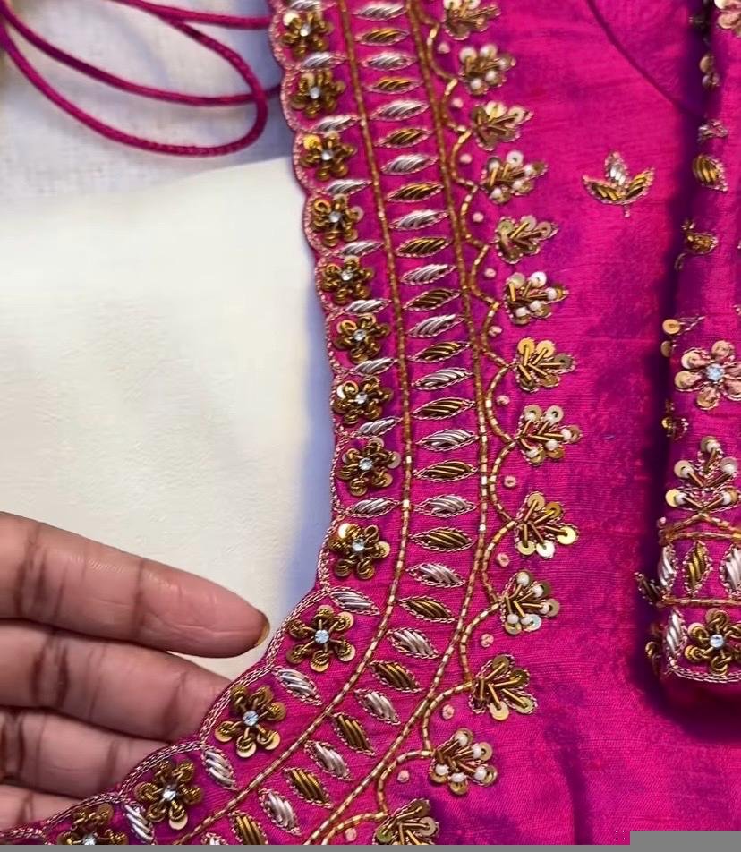 Hand Embroidered Zardosi Silk Blouse: Pink Maggam Work,hand work blouse, 42 size blouse, pink mix and match blouse, pink saree blouse USA