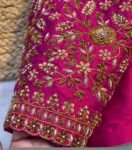 Hand Embroidered Zardosi Silk Blouse: Pink Maggam Work,hand work blouse, 42 size blouse, pink mix and match blouse, pink saree blouse USA