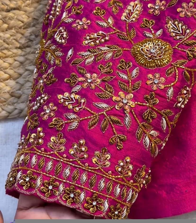 Hand Embroidered Zardosi Silk Blouse: Pink Maggam Work,hand work blouse, 42 size blouse, pink mix and match blouse, pink saree blouse USA