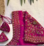 Hand Embroidered Zardosi Silk Blouse: Pink Maggam Work,hand work blouse, 42 size blouse, pink mix and match blouse, pink saree blouse USA