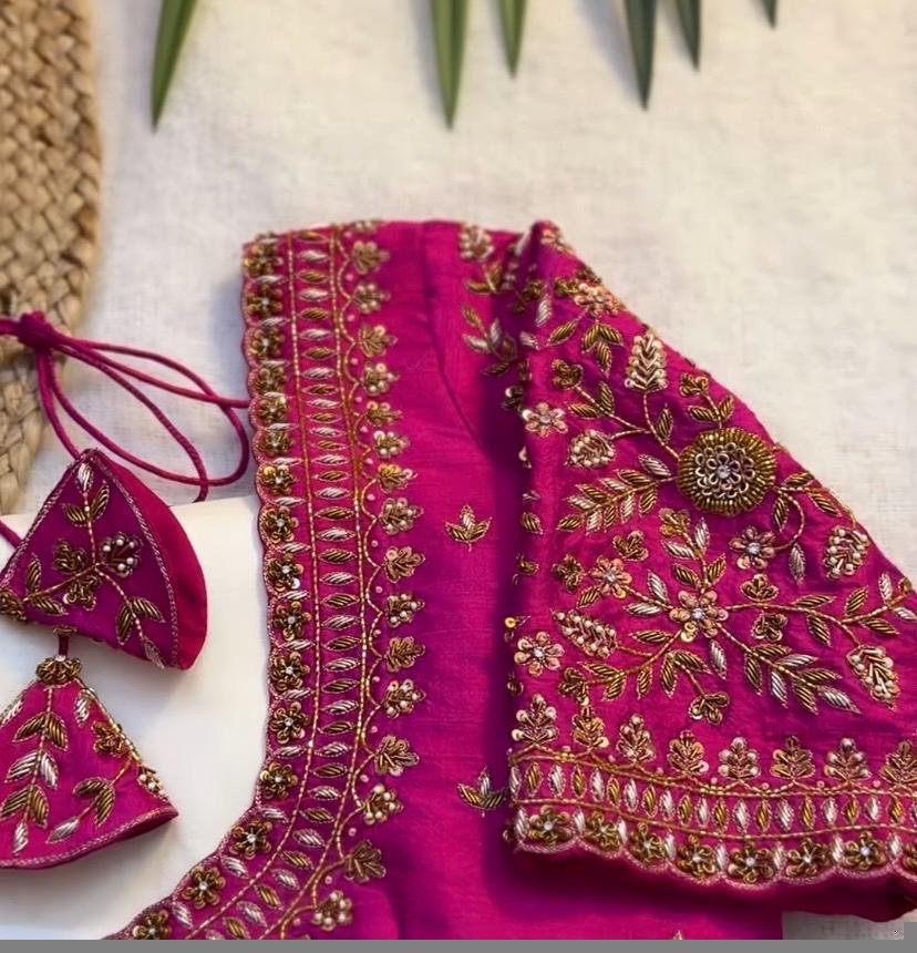 Hand Embroidered Zardosi Silk Blouse: Pink Maggam Work,hand work blouse, 42 size blouse, pink mix and match blouse, pink saree blouse USA