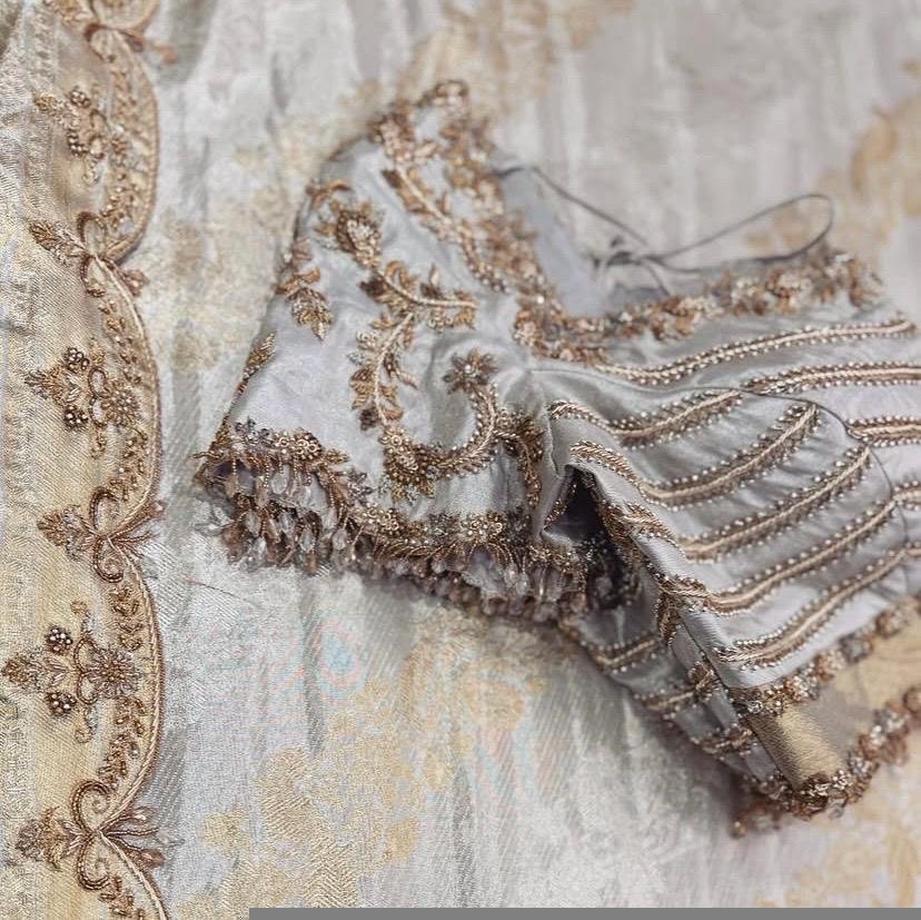 Hand Embroidered Silver Silk Blouse: Zardosi Maggam Wedding Crop Top,silver mix and match blouse,hand embroidered blouse,plus size blouse