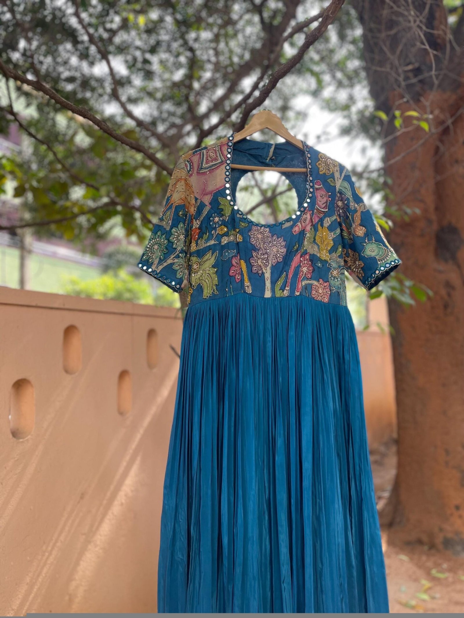 Hand-Painted Kalamkari Anarkali Dress with Dupatta:blue Silk Embroidered Gown,blue hand painted Kalamkari gown,Anarkali dress Kalamkari usa