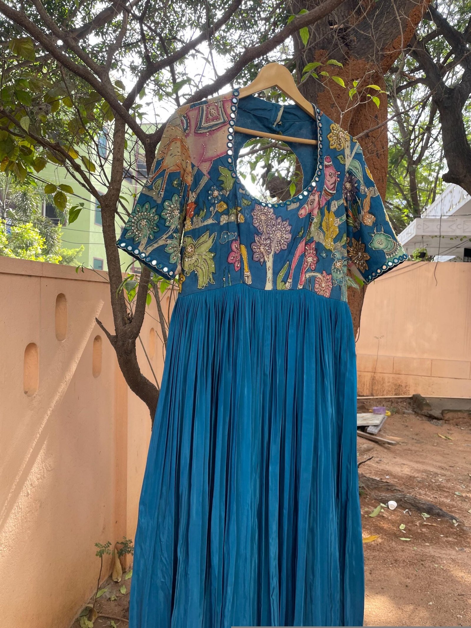 Hand-Painted Kalamkari Anarkali Dress with Dupatta:blue Silk Embroidered Gown,blue hand painted Kalamkari gown,Anarkali dress Kalamkari usa
