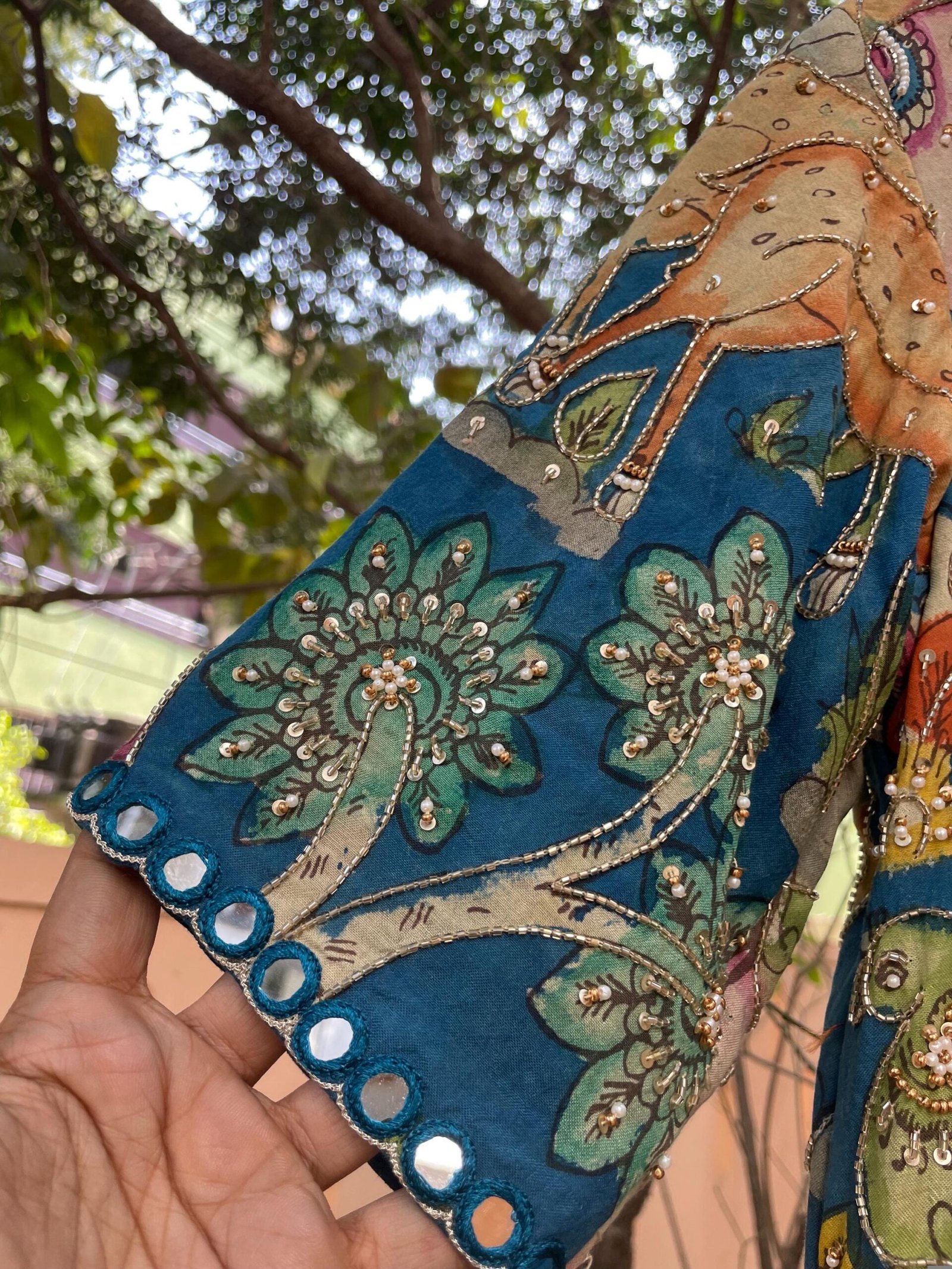 Hand-Painted Kalamkari Anarkali Dress with Dupatta:blue Silk Embroidered Gown,blue hand painted Kalamkari gown,Anarkali dress Kalamkari usa