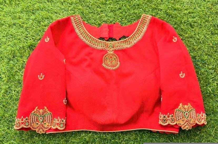 pure silk red hand embroidery blouse/saree maggam blouse/raw silk zardosi blouse/red hand embroidered blouse/ready made kund blouse zardosi