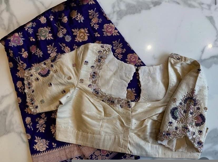 pure silk hand embroidery blouse/modern saree maggam blouse/cream zardosi blouse/multi hand embroidered blouse/off white ready made blouse